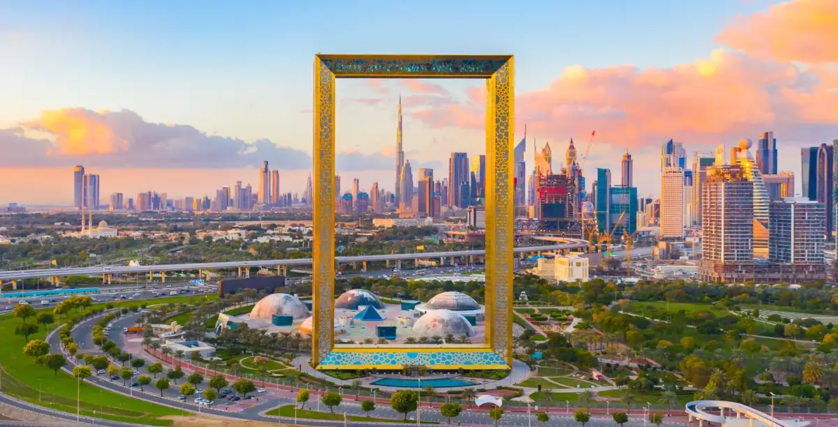 Front view of the Dubai frame under the blue sky